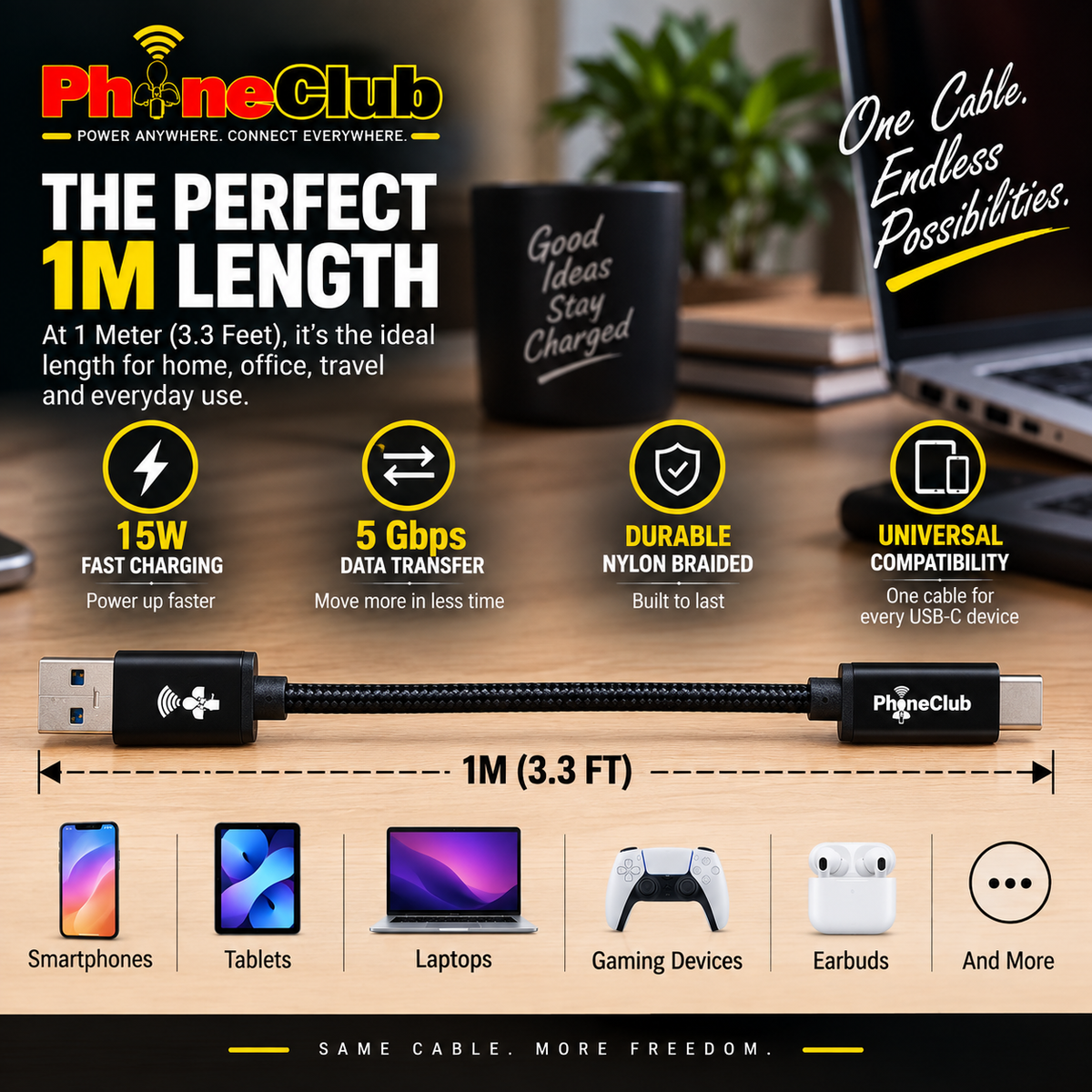 PHONE CLUB 1M (3.3ft) Nylon Braided USB-A to USB-C Cable