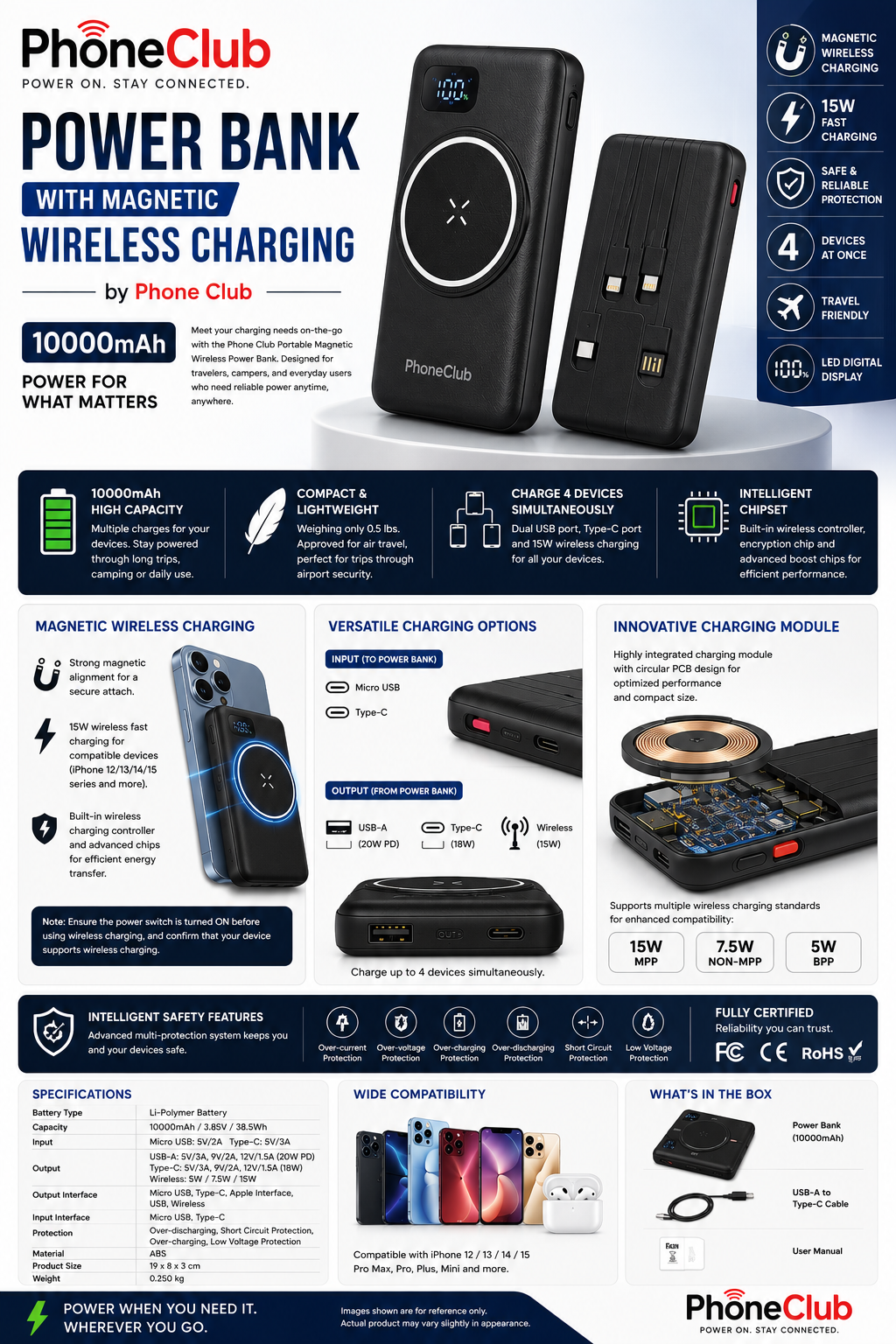 Phone Club Portable Magnetic Wireless 10000mAh Power Bank