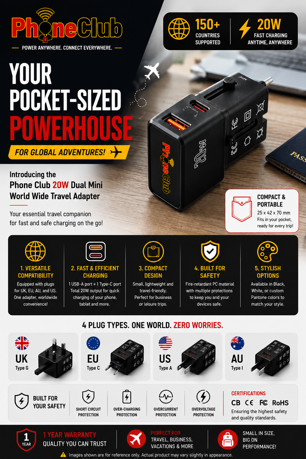 Phone Club 20W Dual Mini World Wide Travel Adapter