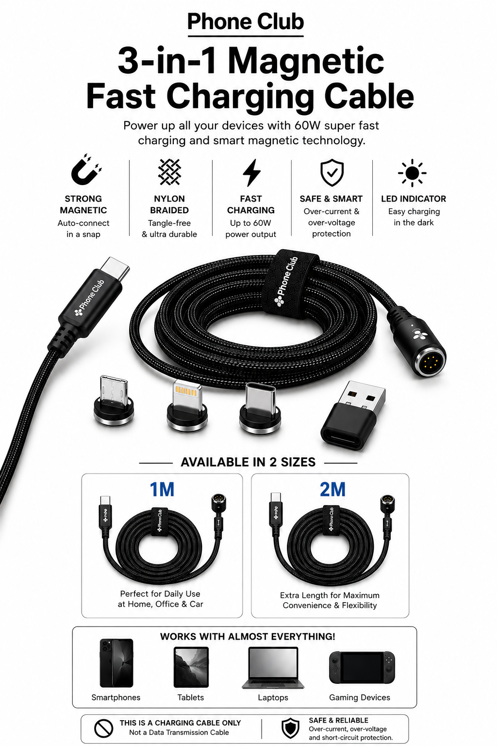 PHONE CLUB 60W Magnetic 3-in-1 Fast Charging Cable