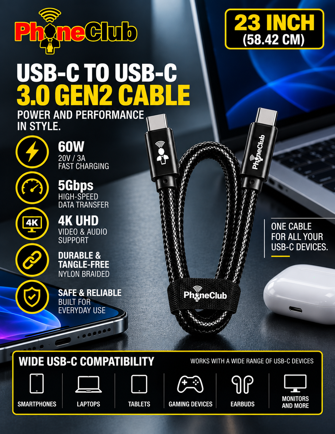 PHONE CLUB 58.42CM (23”) USB-C to USB-C 3.1 Gen2 Cable