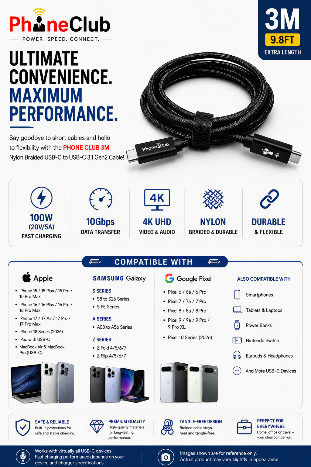 PHONE CLUB 3M Nylon Braided USB-C to USB-C 3.1 Gen2 Cable