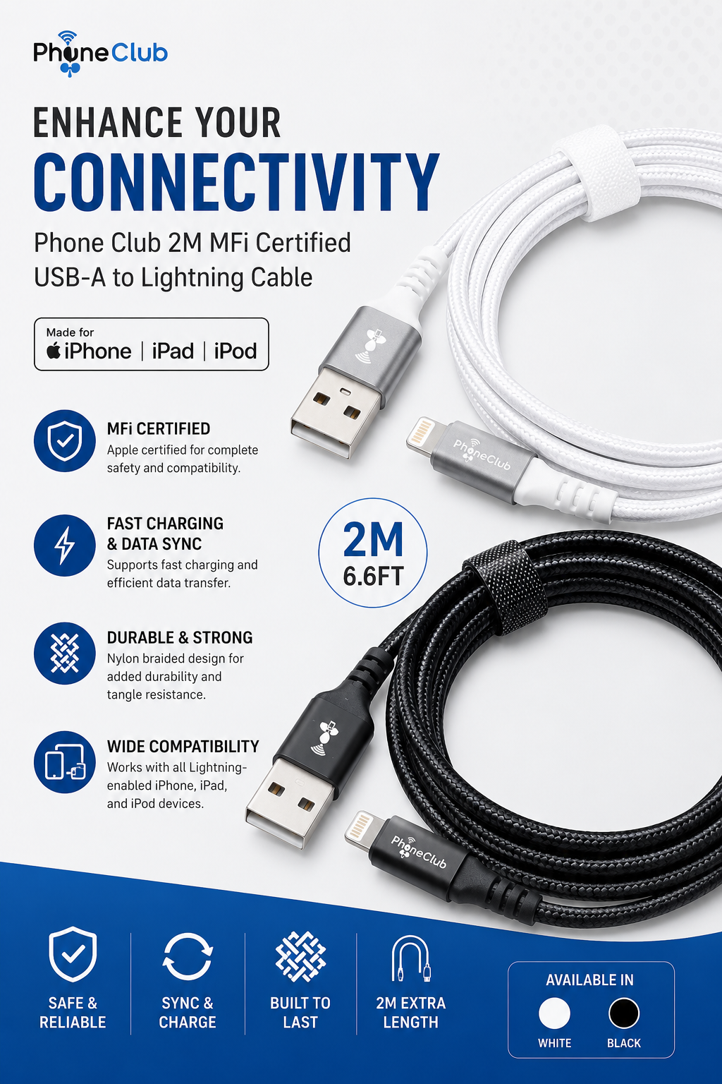 Phone Club 2M MFi Certified USB Cable (USB-A to Lightning)