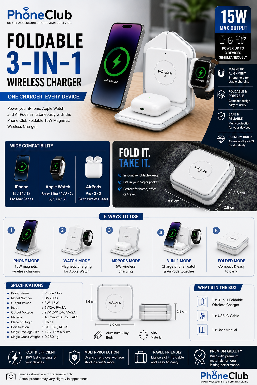 Phone Club Foldable 15W Magnetic Wireless Charger: Your Ultimate 3-in-1 Charging Solution!