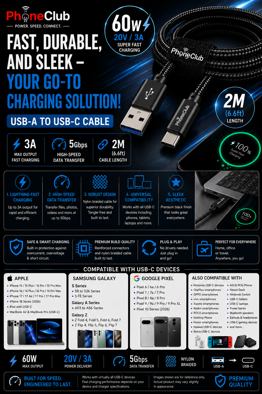 PHONE CLUB 2M (6.6ft) Nylon Braided USB-A to USB-C Cable