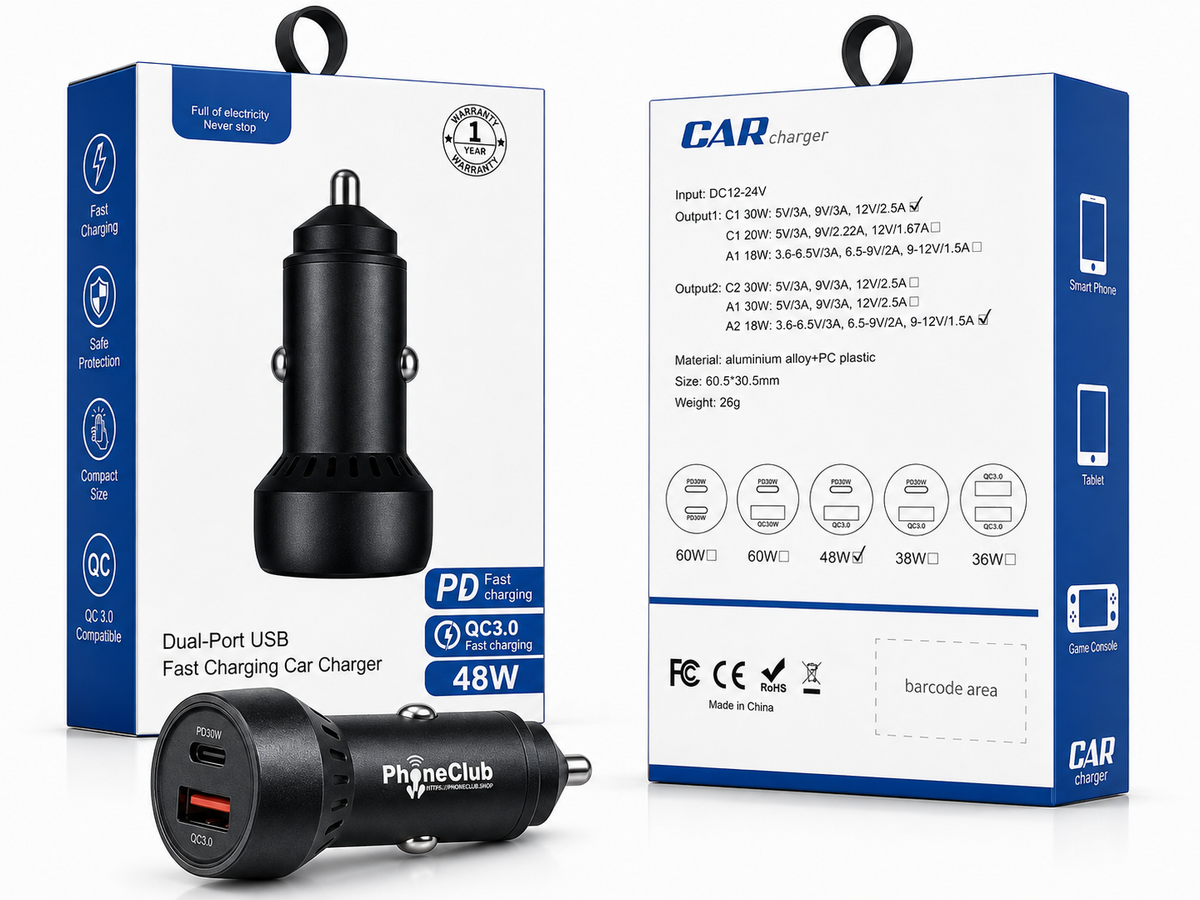 Phone Club PD QC 48W / 60W Type-C Dual Port Mini Car Charger