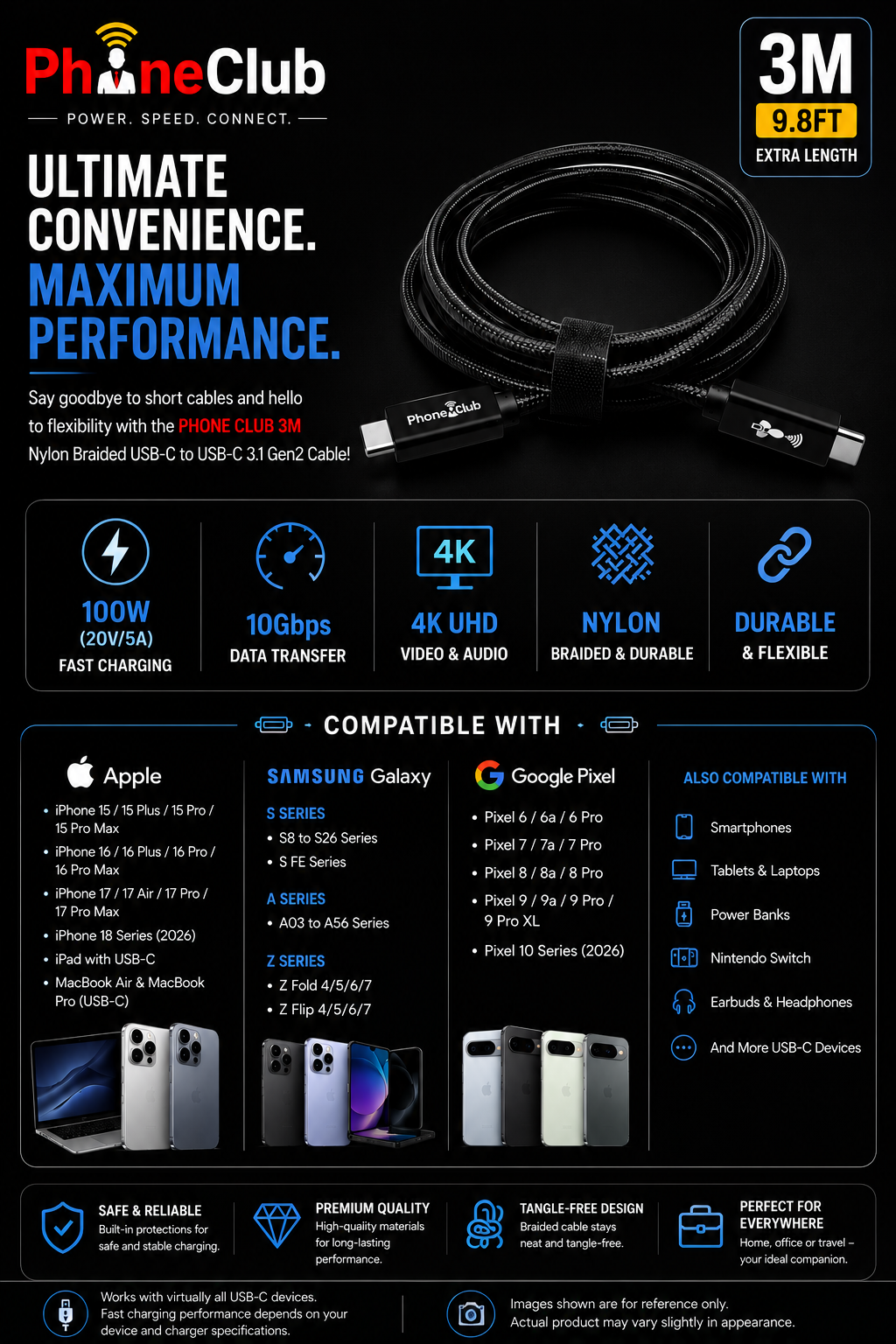 PHONE CLUB 3M Nylon Braided USB-C to USB-C 3.1 Gen2 Cable
