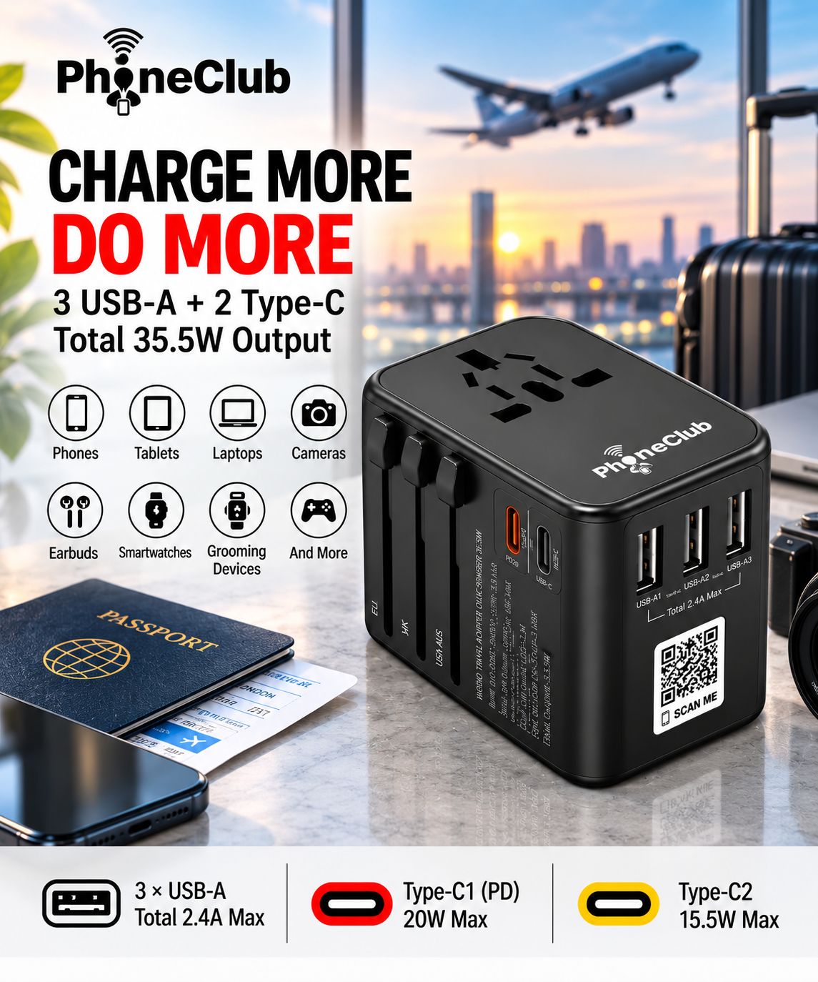 Phone Club 35.5W World Wide Travel Adapter