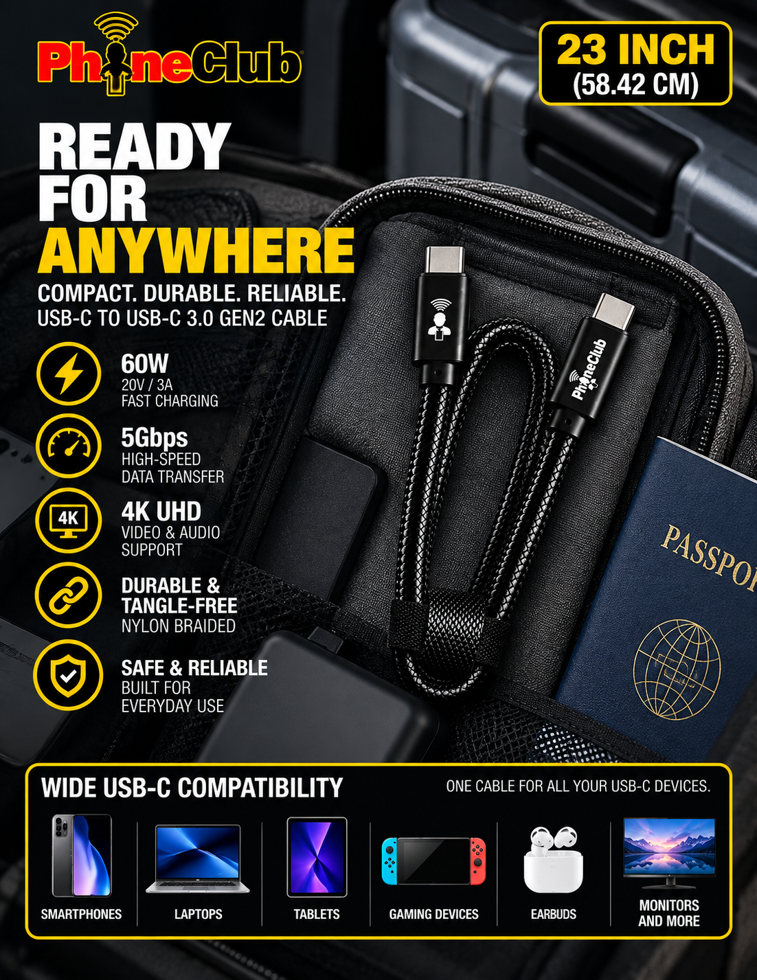 PHONE CLUB 58.42CM (23”) USB-C to USB-C 3.1 Gen2 Cable