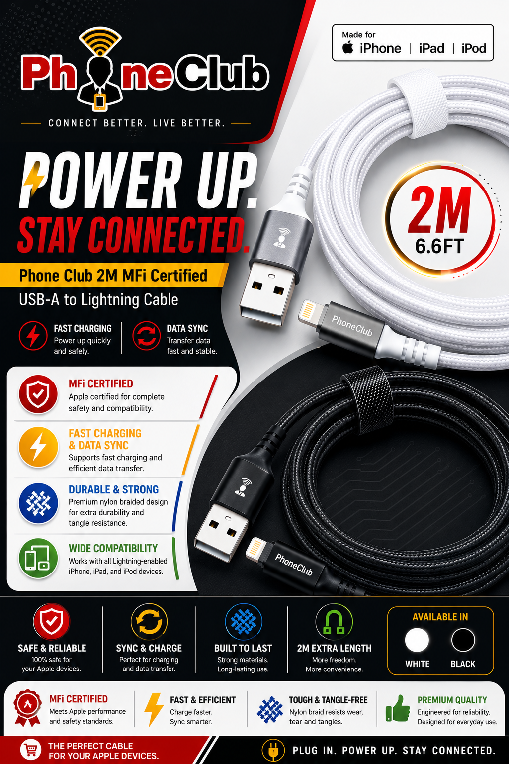 Phone Club 2M MFi Certified USB Cable (USB-A to Lightning)