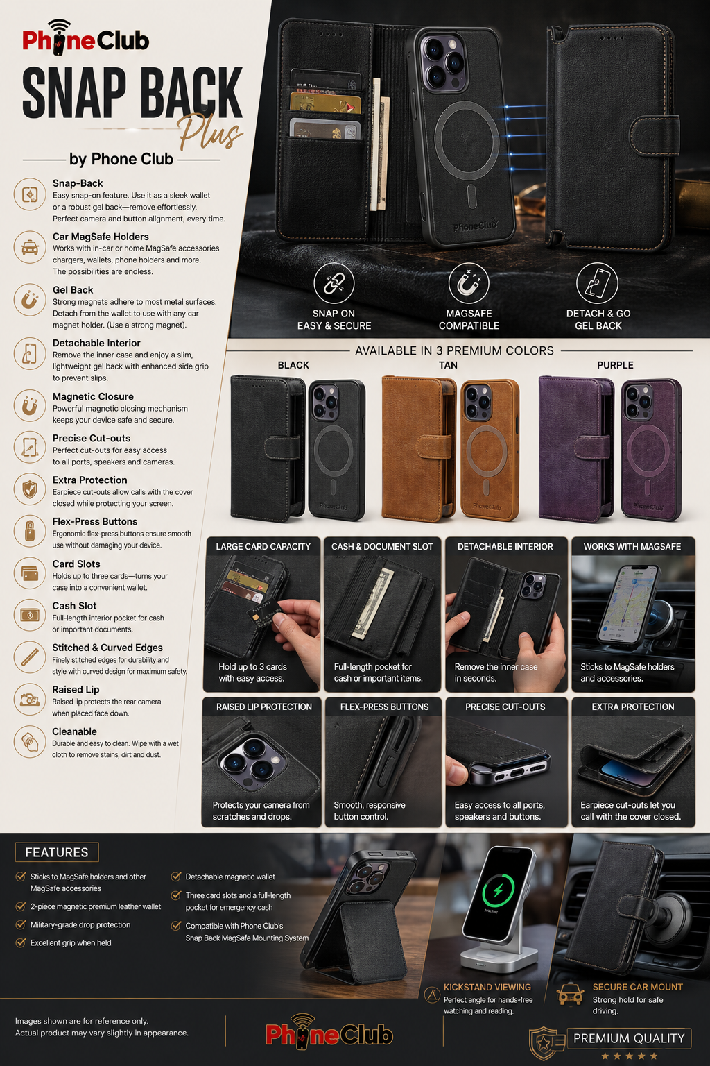 Snap Back Plus by Phone Club: 2-Piece Magnetic Premium Phone Protection Shockproof RFID Mag-Safe Wallet