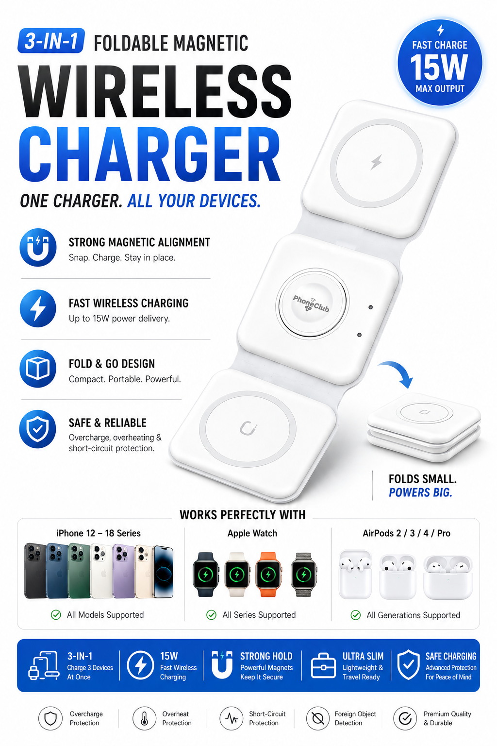 Phone Club Foldable 15W Magnetic Wireless Charger: Your Ultimate 3-in-1 Charging Solution!