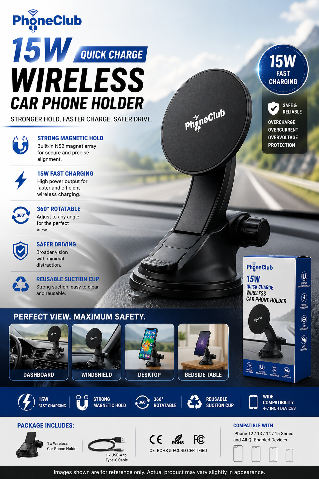 Phone Club 15W Fast Wireless Charger Car Phone Holder