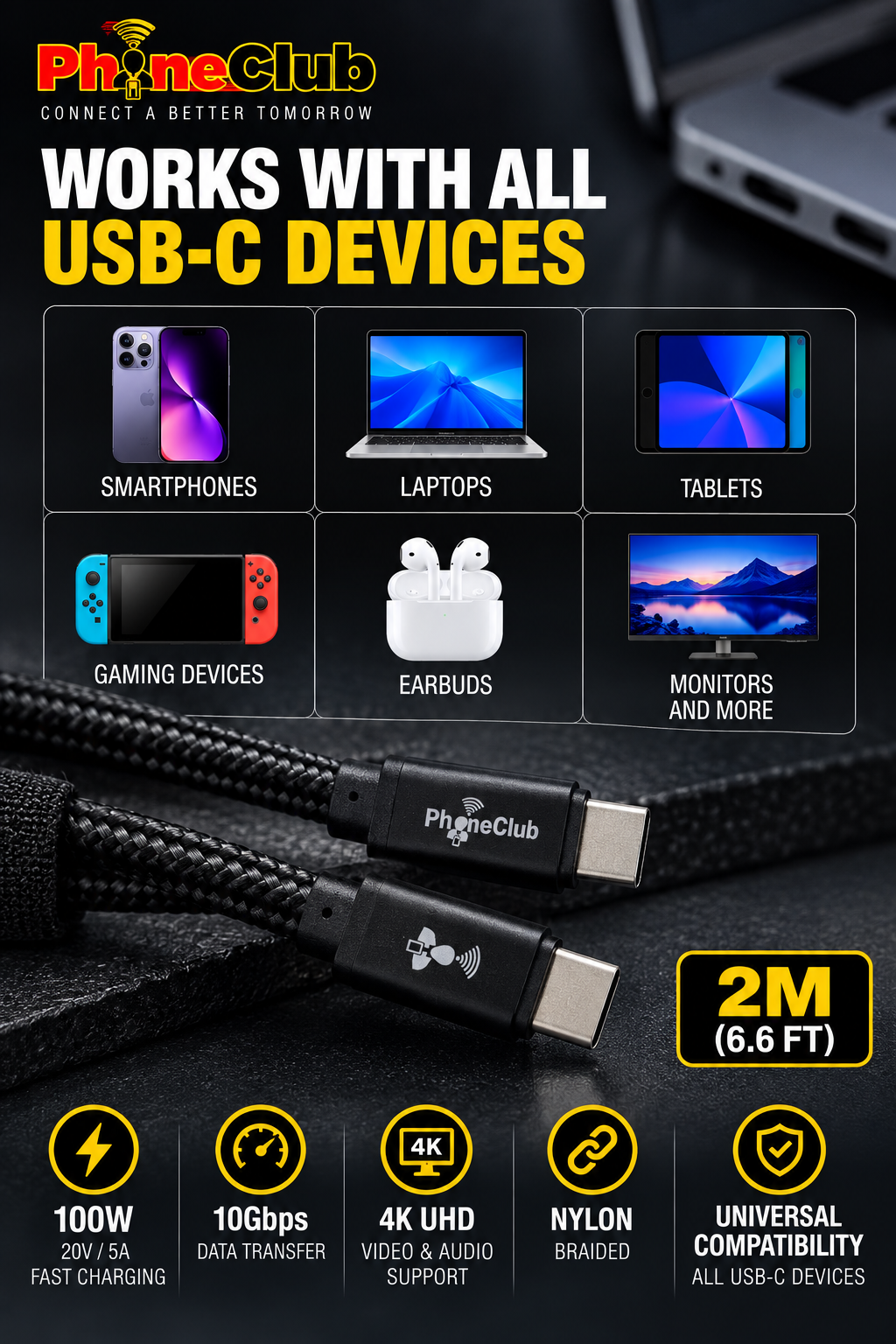 PHONE CLUB 2M (6.6ft) USB-C to USB-C 3.1 Gen2 Cable