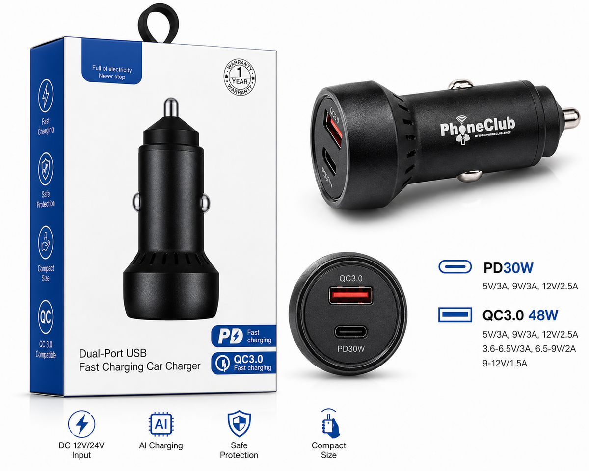 Phone Club PD QC 48W / 60W Type-C Dual Port Mini Car Charger