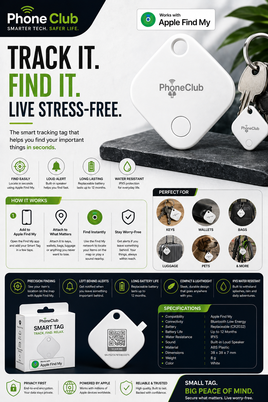 PHONE CLUB Find My Tag Smart Key Finder