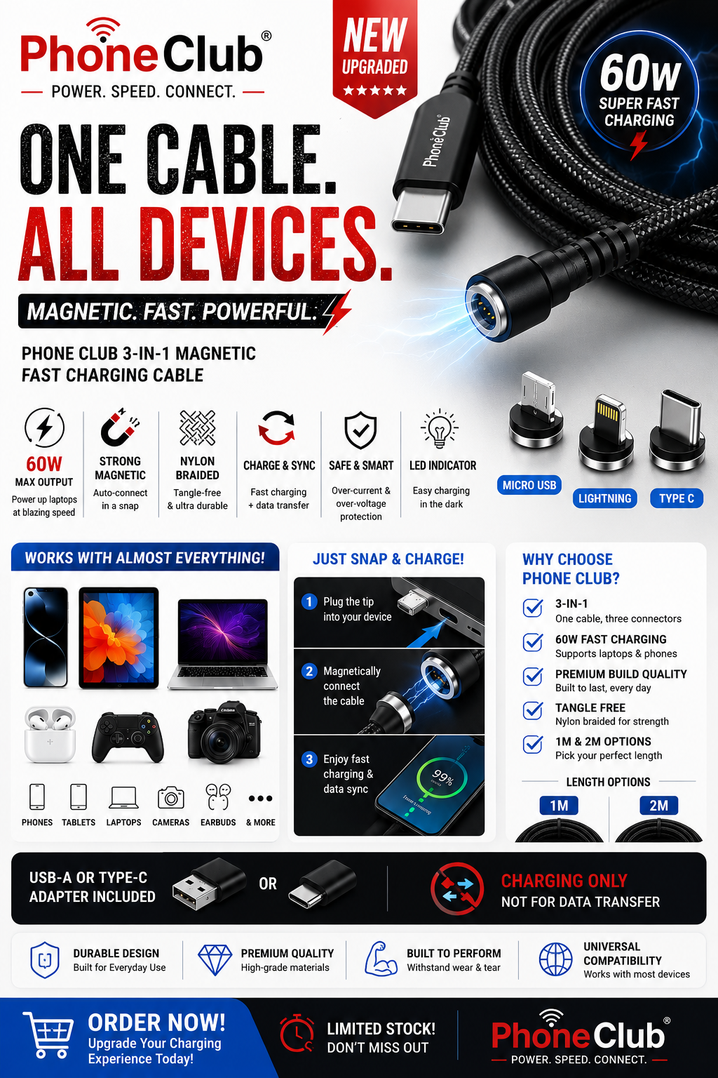 PHONE CLUB 60W Magnetic 3-in-1 Fast Charging Cable