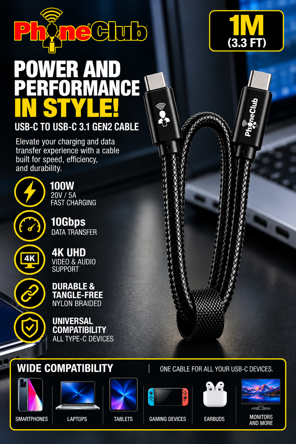 PHONE CLUB 1M (3.3ft) USB-C to USB-C 3.1 Gen2 Cable