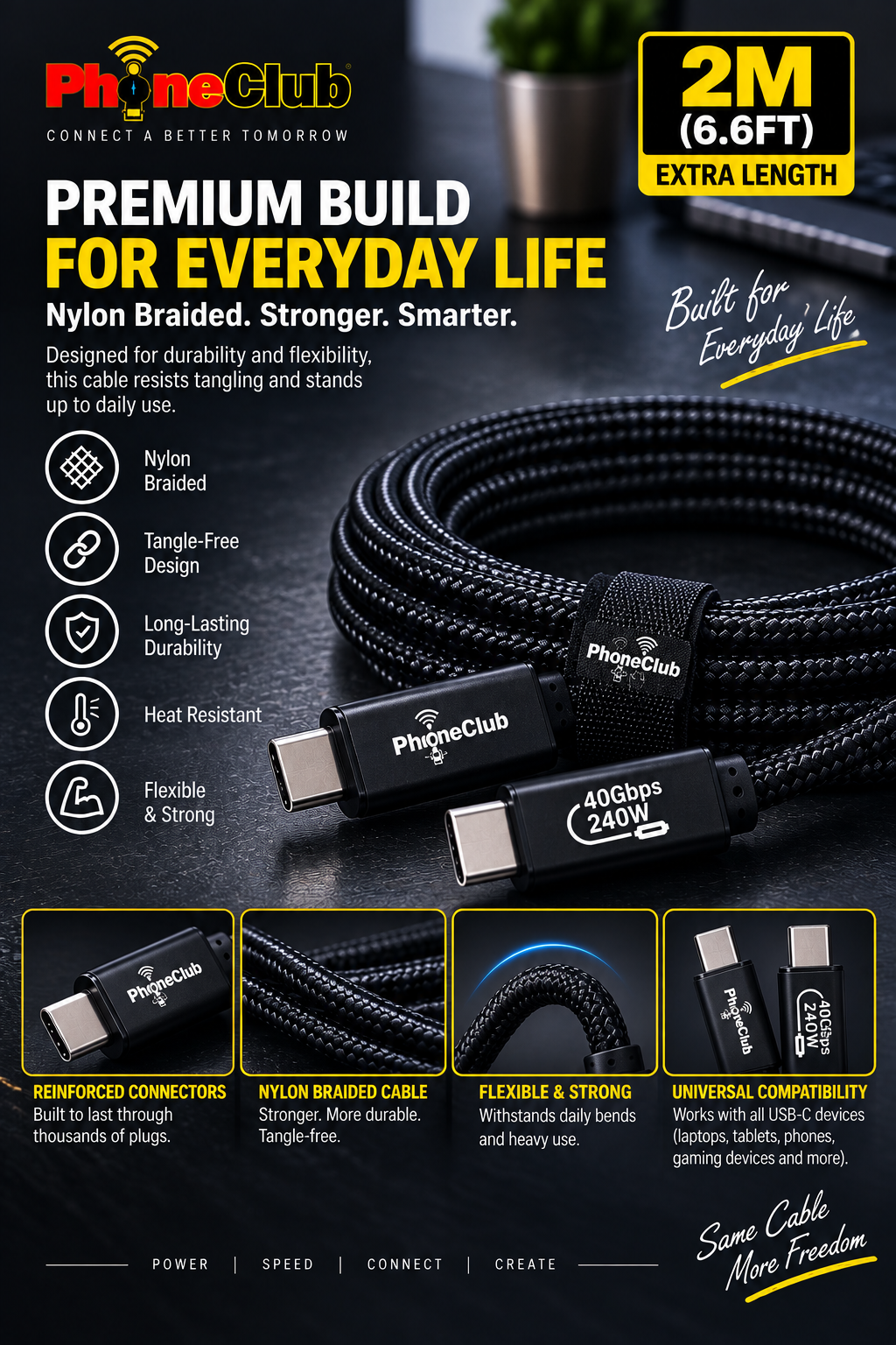 PHONE CLUB 2M (6.6ft) 240W USB-C to USB-C Usb4 Data Cable