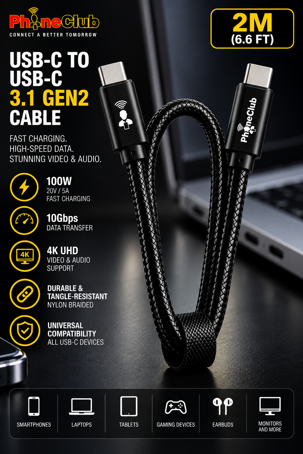 PHONE CLUB 2M (6.6ft) USB-C to USB-C 3.1 Gen2 Cable