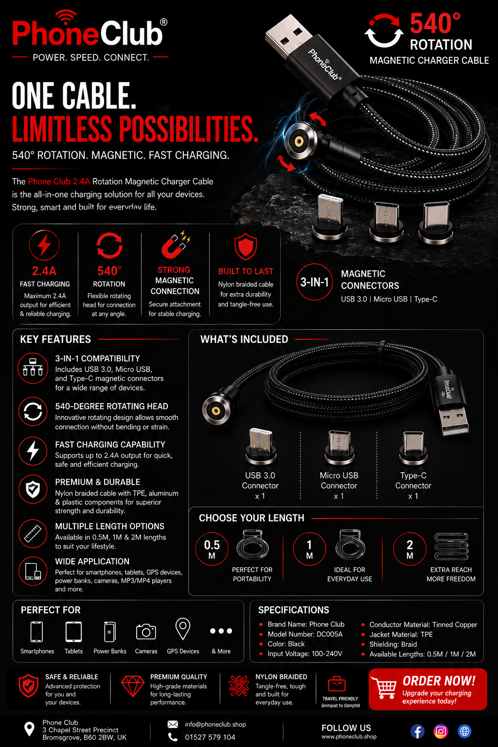 Phone Club 540-Degree Rotation 3-in-1 Magnetic Charger Cable!