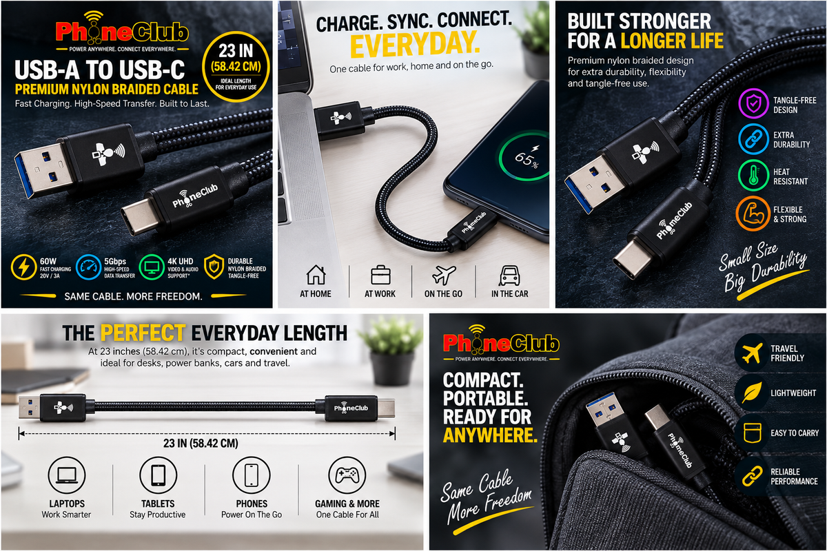 PHONE CLUB 58.42CM (23”) USB-A to USB-C 3.1 Gen2 Cable