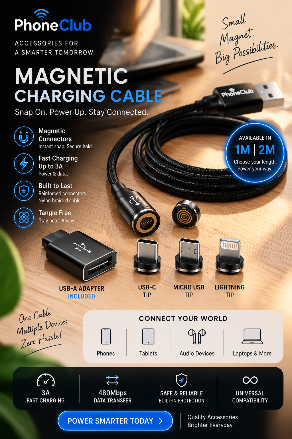 PHONE CLUB 60W Magnetic 3-in-1 Fast Charging Cable