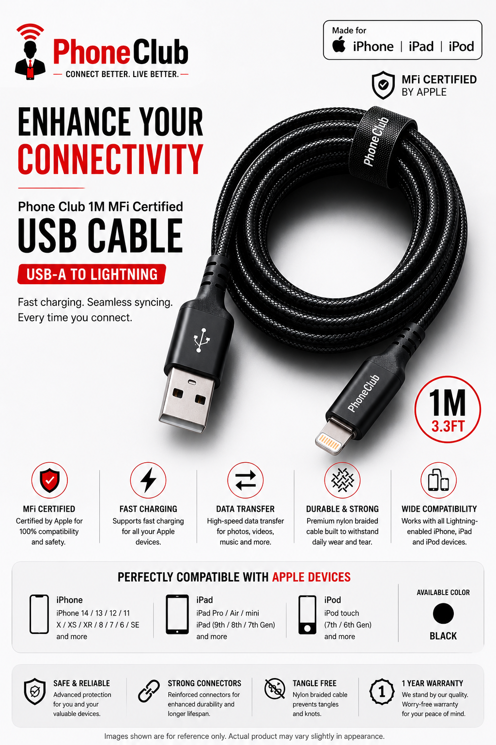 Phone Club 1M MFi Certified USB Cable (USB-A to Lightning)
