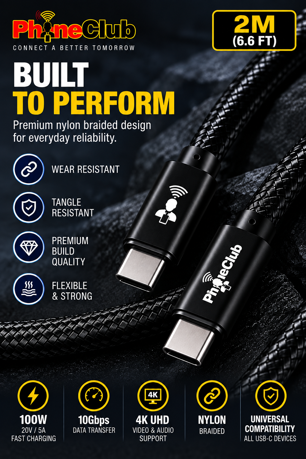 PHONE CLUB 2M (6.6ft) USB-C to USB-C 3.1 Gen2 Cable