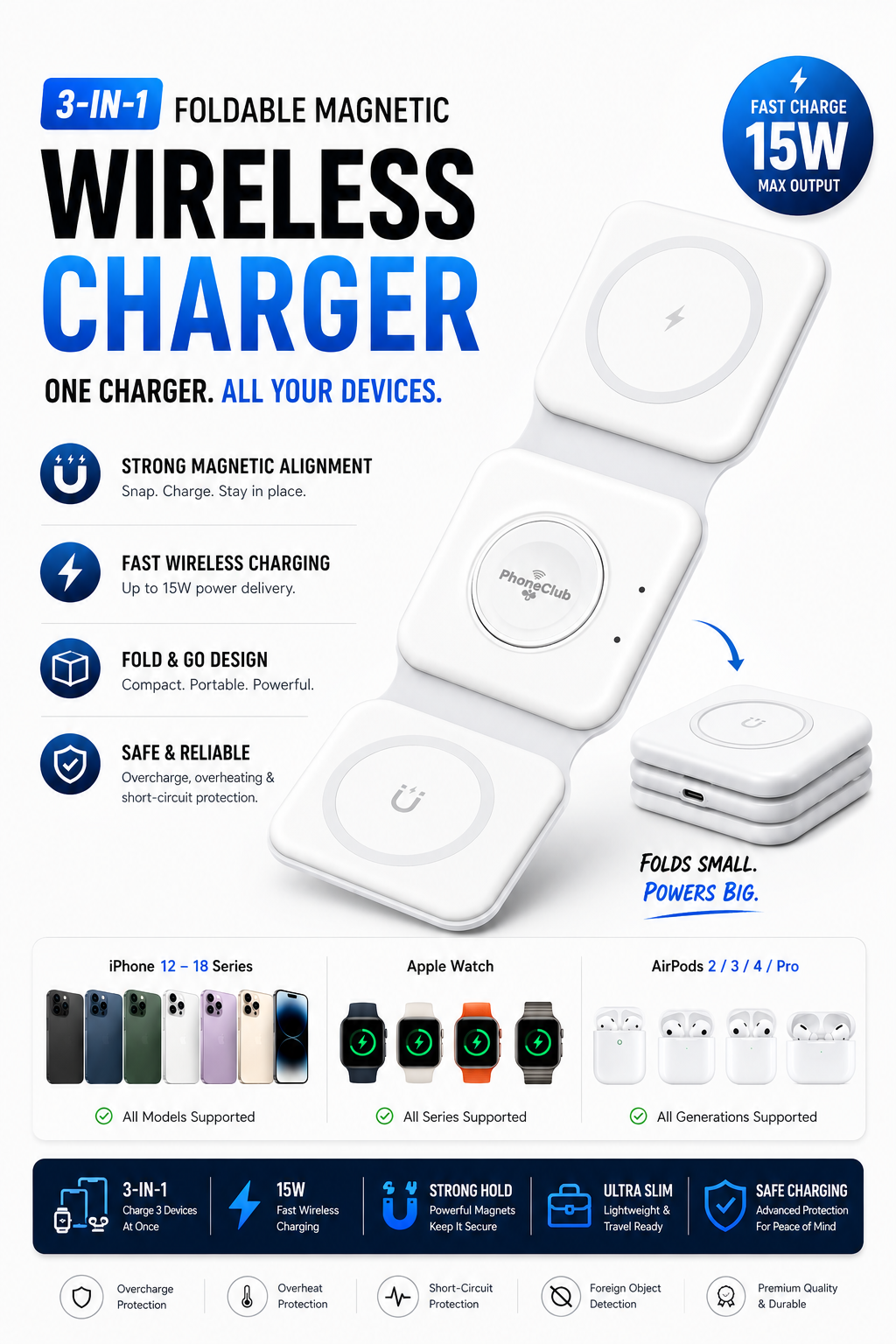 Phone Club Foldable 15W Magnetic Wireless Charger: Your Ultimate 3-in-1 Charging Solution!
