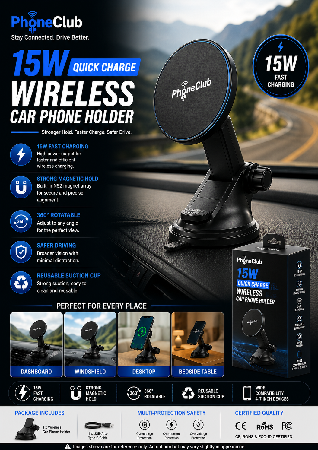 Phone Club 15W Fast Wireless Charger Car Phone Holder