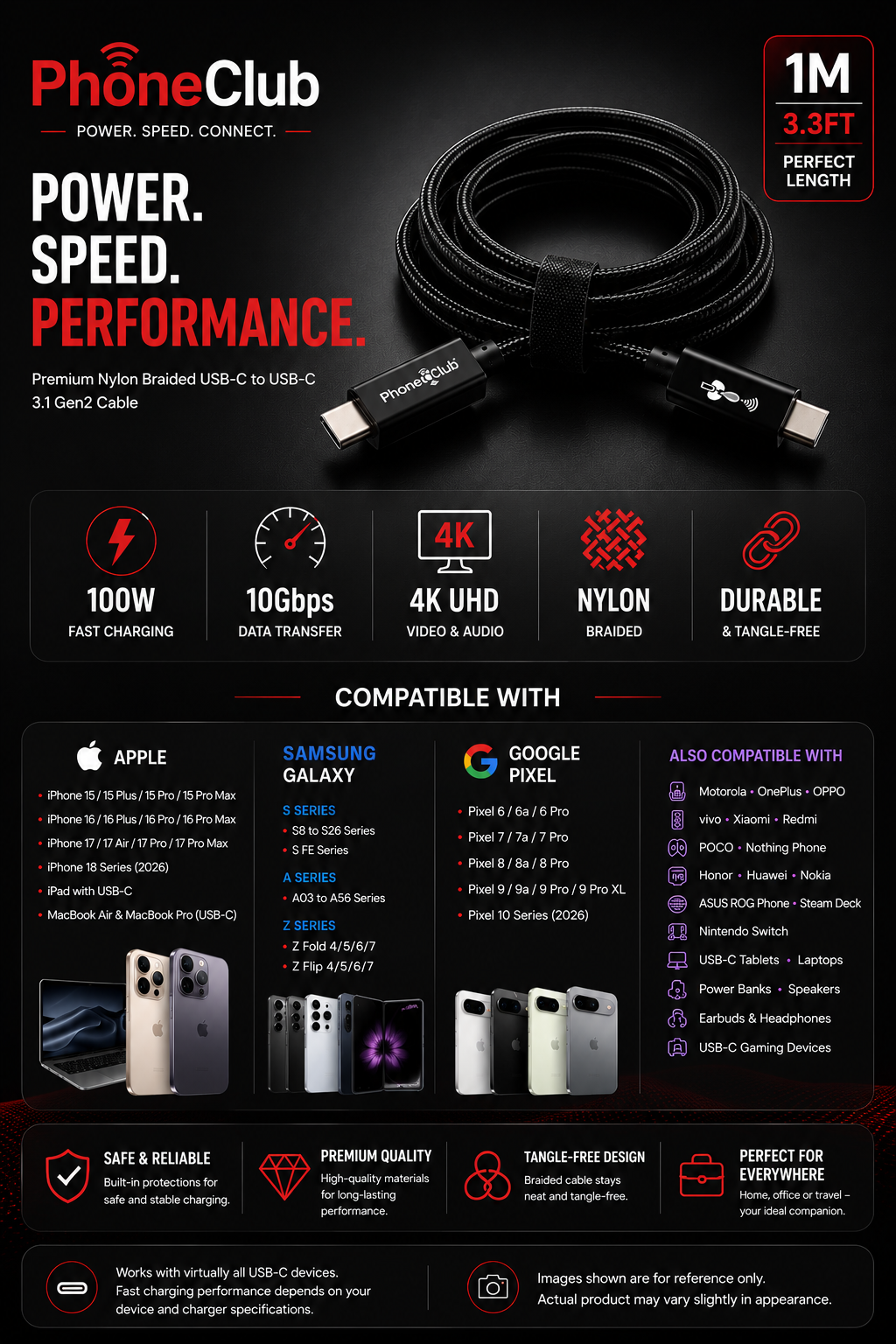 PHONE CLUB 1M (3.3ft) USB-C to USB-C 3.1 Gen2 Cable
