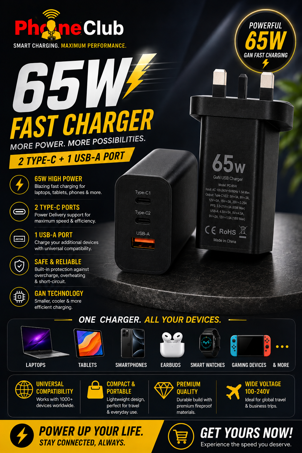 PHONE CLUB 65W Wall Plug Charger