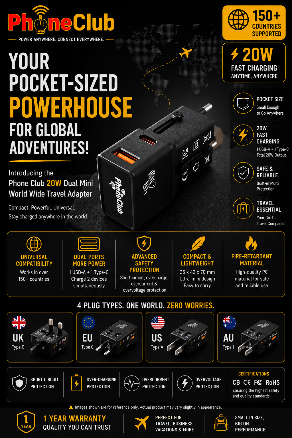 Phone Club 20W Dual Mini World Wide Travel Adapter