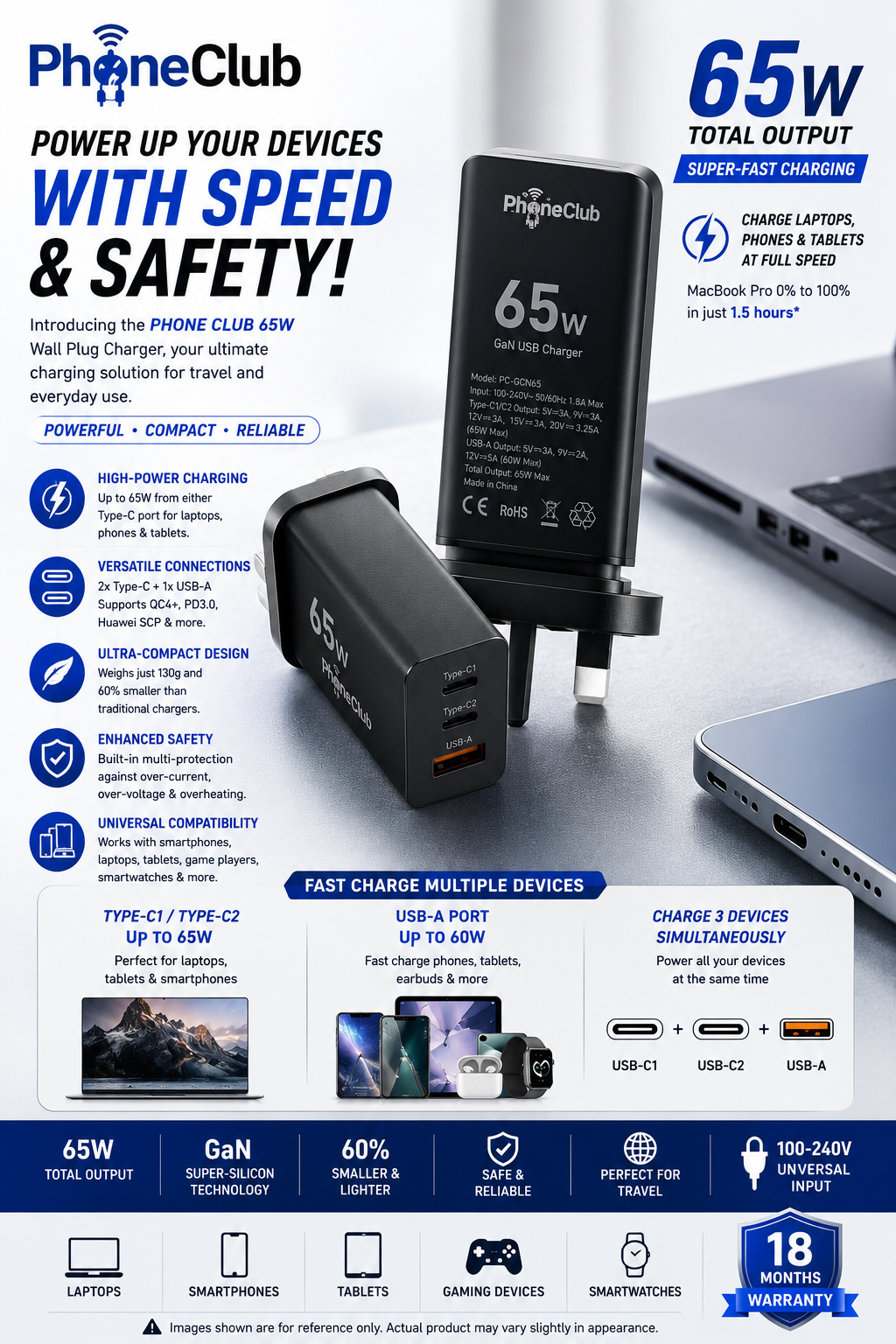 PHONE CLUB 65W Wall Plug Charger