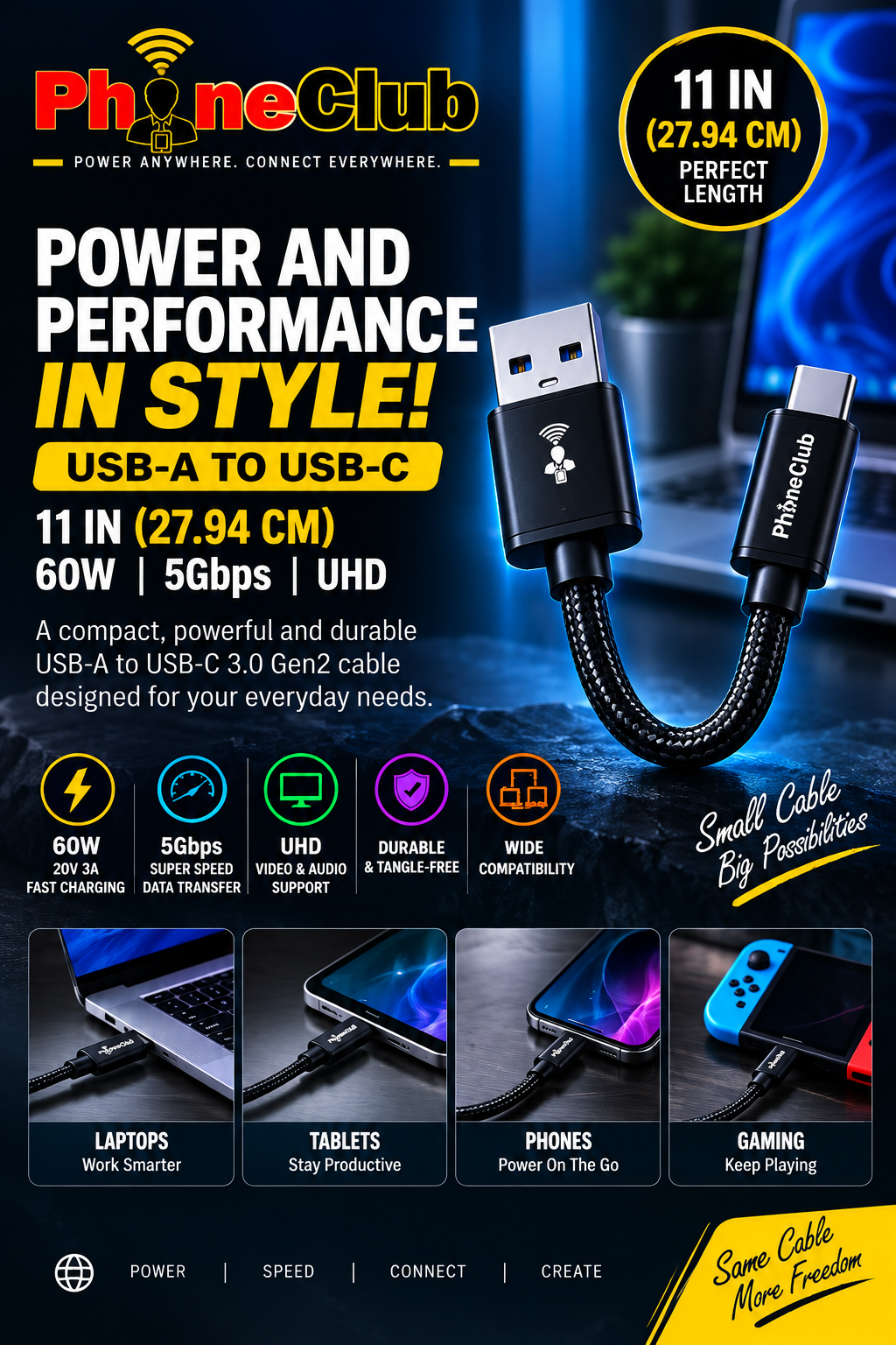 PHONE CLUB 27.94CM (11”) USB-A to USB-C 3.1 Gen2 Cable