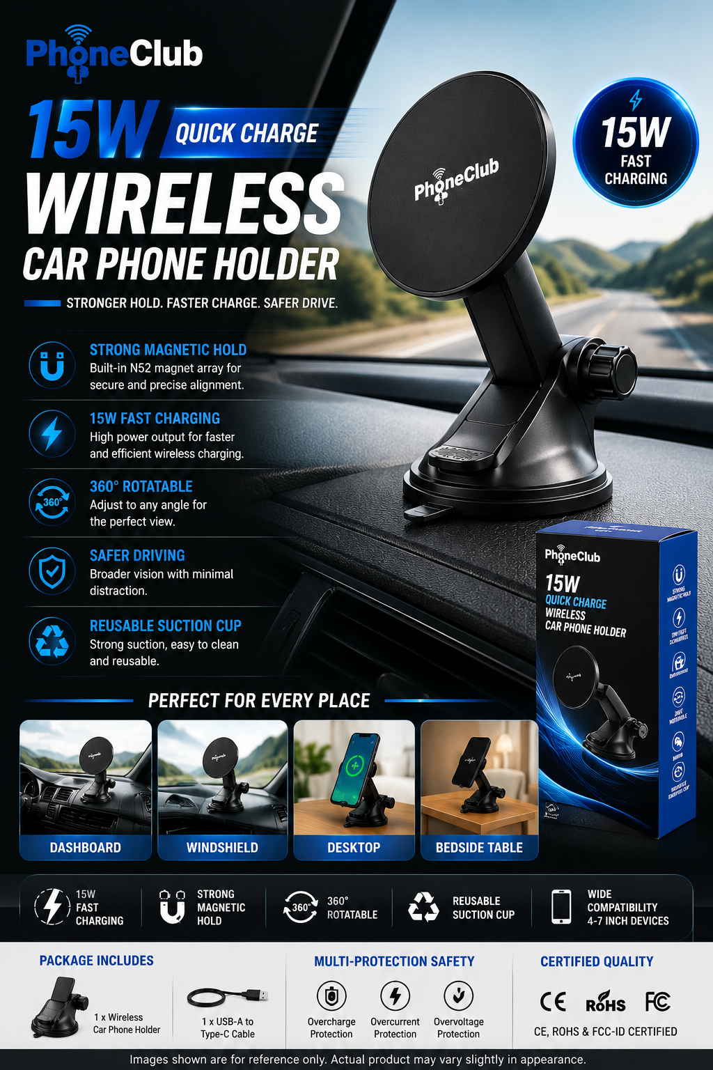 Phone Club 15W Fast Wireless Charger Car Phone Holder