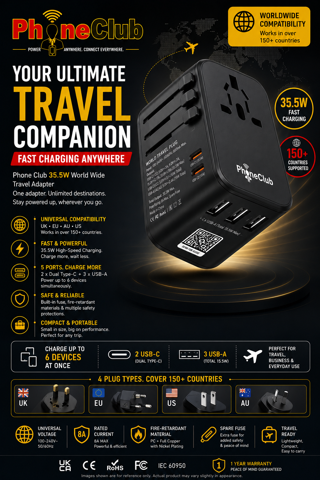 Phone Club 35.5W World Wide Travel Adapter