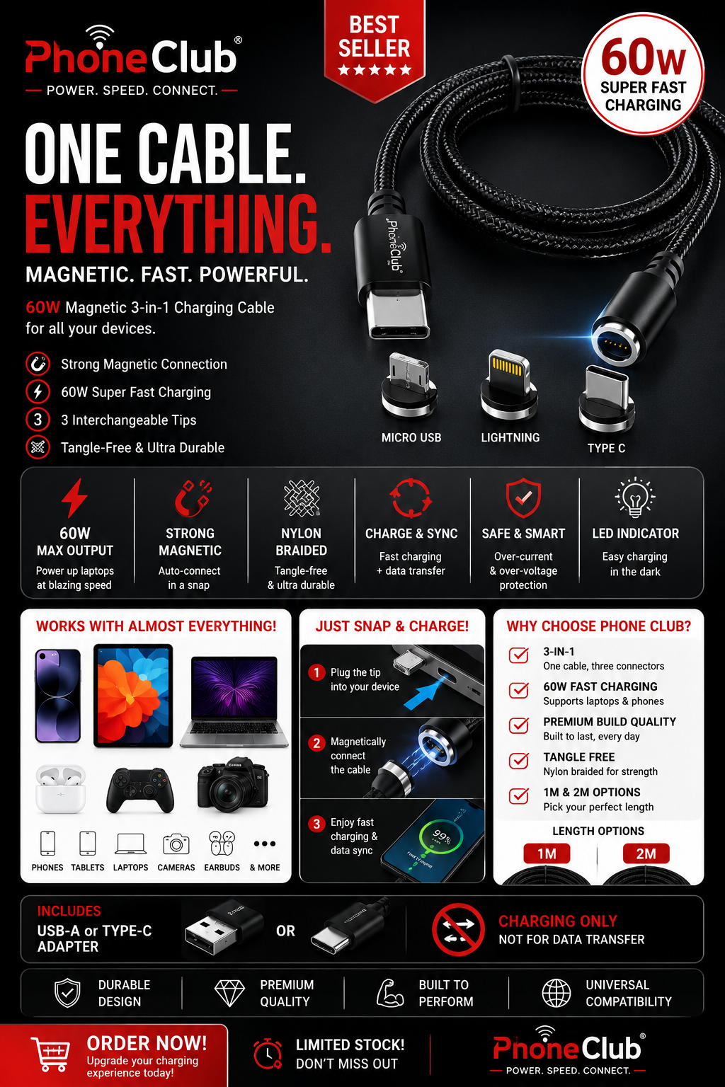 PHONE CLUB 60W Magnetic 3-in-1 Fast Charging Cable