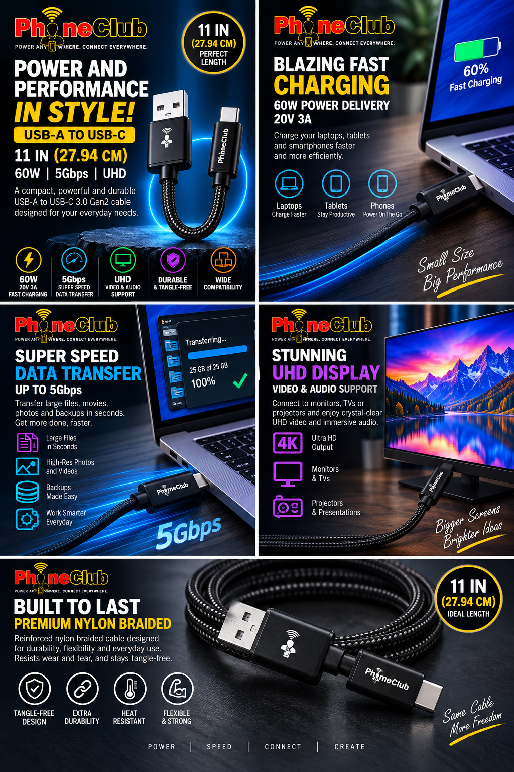 PHONE CLUB 27.94CM (11”) USB-A to USB-C 3.1 Gen2 Cable
