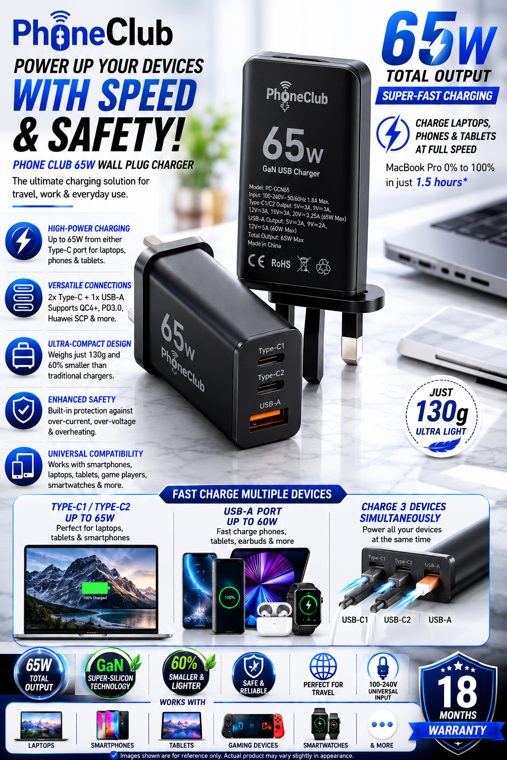PHONE CLUB 65W Wall Plug Charger