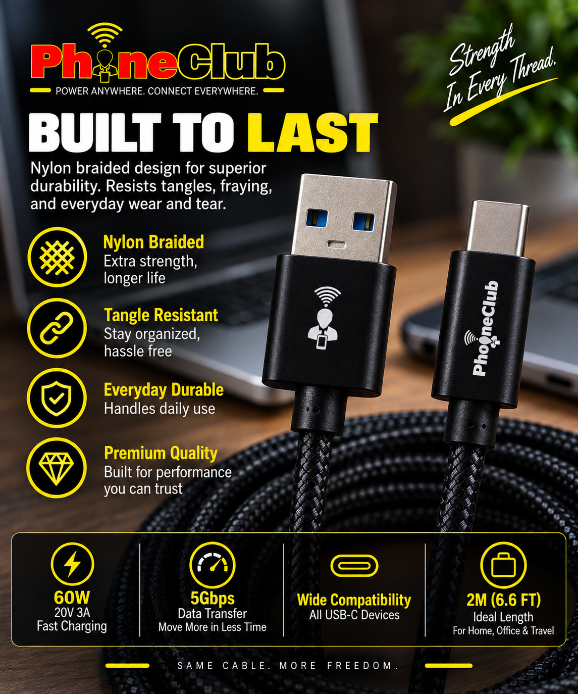 PHONE CLUB 2M (6.6ft) Nylon Braided USB-A to USB-C Cable