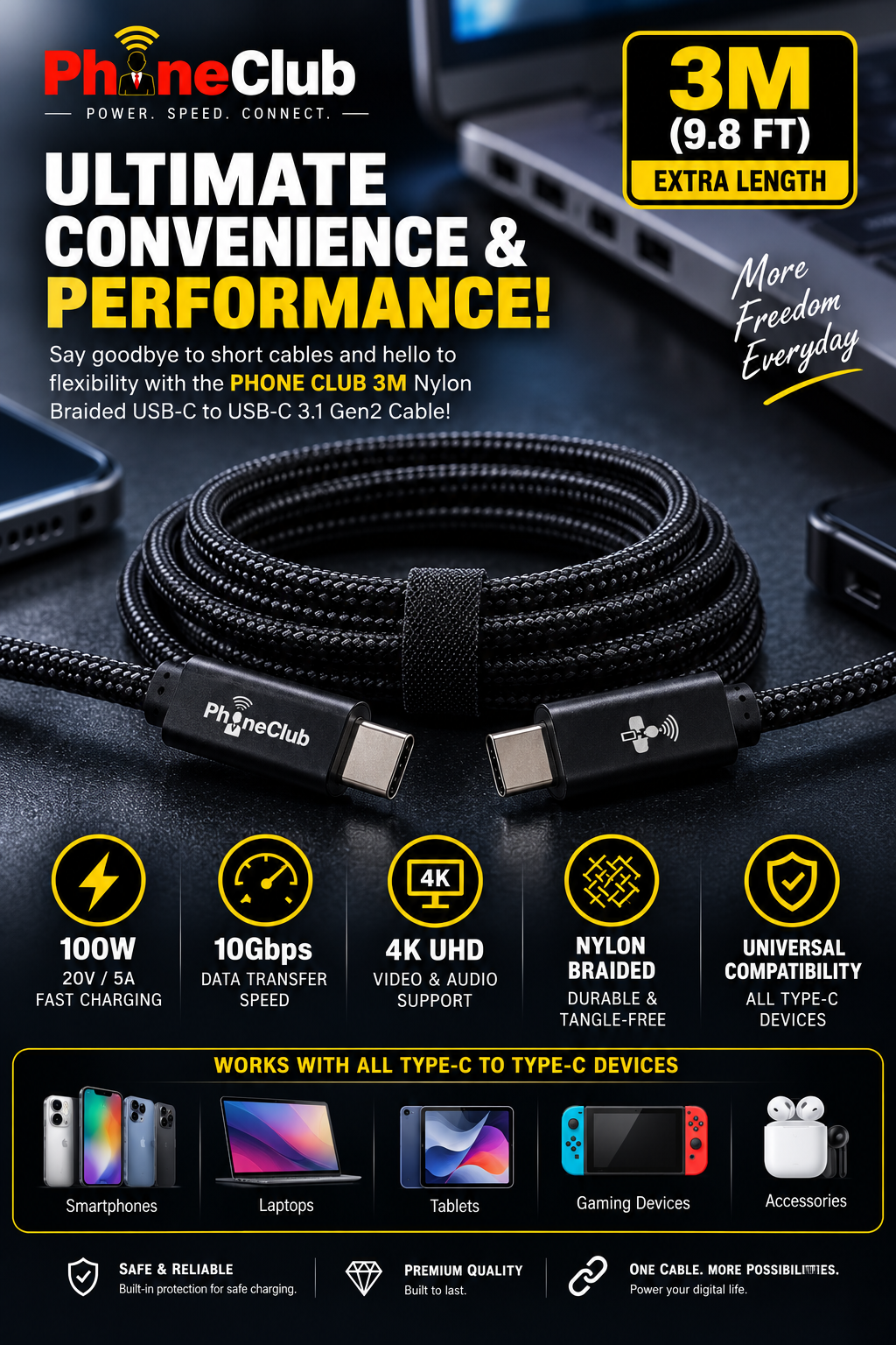 PHONE CLUB 3M Nylon Braided USB-C to USB-C 3.1 Gen2 Cable