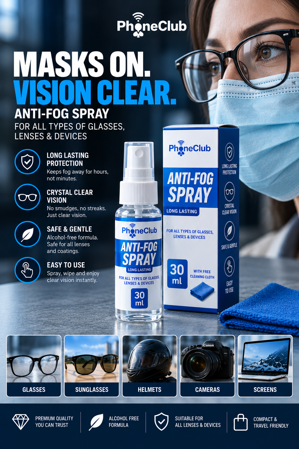 Phone Club 30ml Eyeglasses Anti-Fog Cleaning Spray