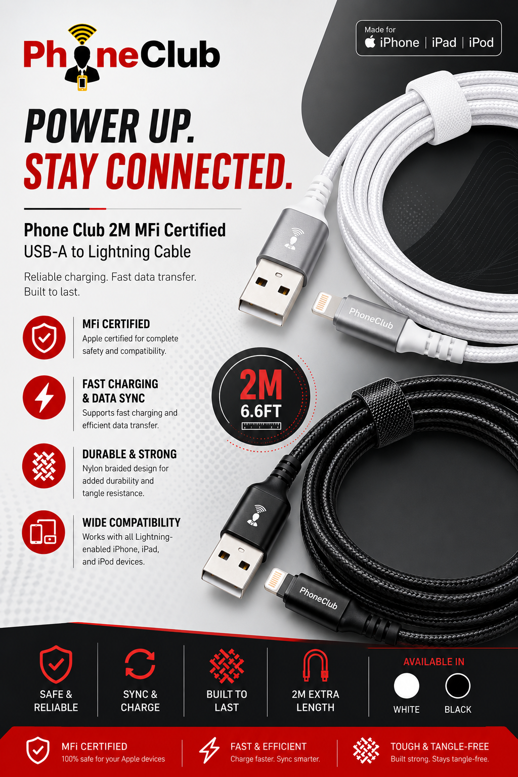 Phone Club 2M MFi Certified USB Cable (USB-A to Lightning)