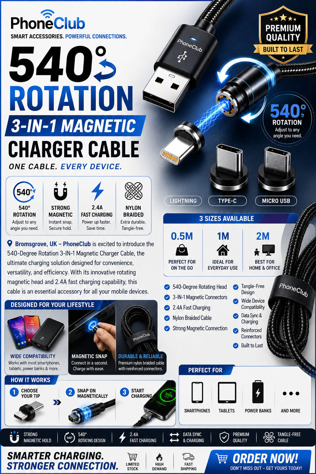 Phone Club 540-Degree Rotation 3-in-1 Magnetic Charger Cable!