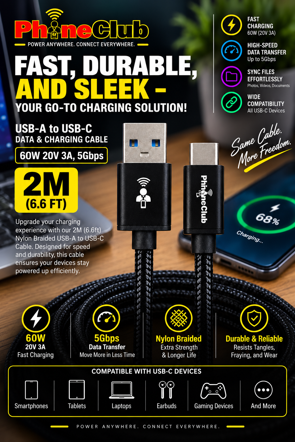 PHONE CLUB 2M (6.6ft) Nylon Braided USB-A to USB-C Cable